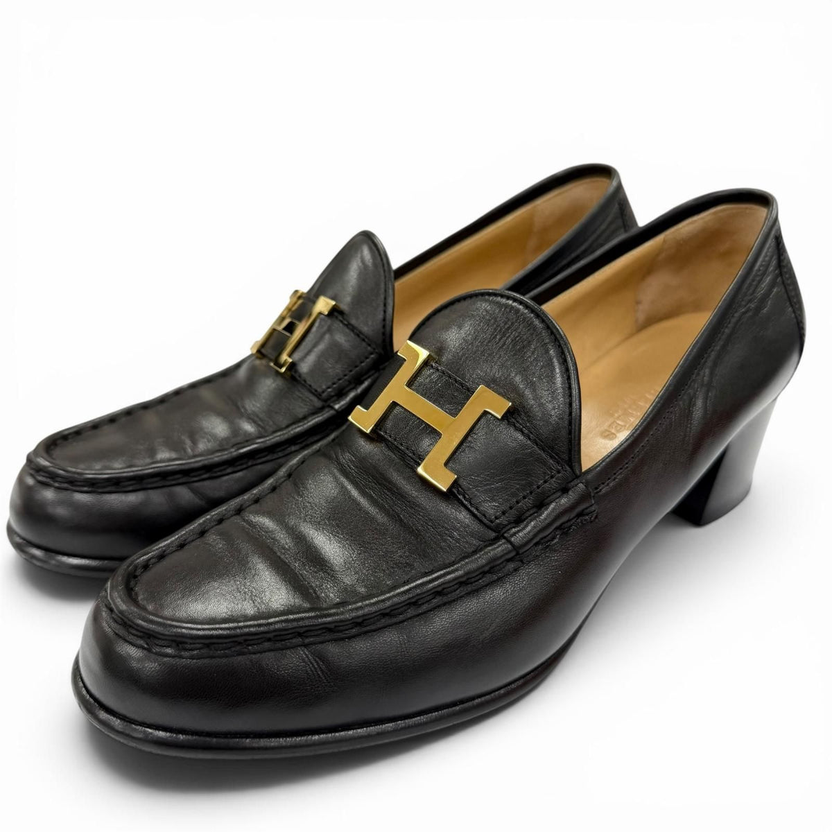 Hermes Constance Gold Logo Leather Loafers Black