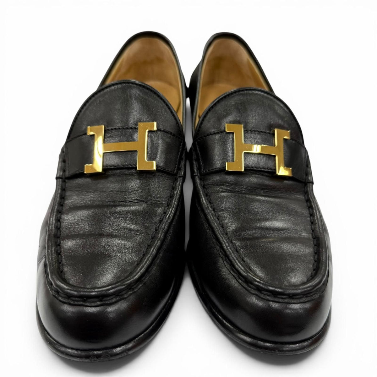 Hermes Constance Gold Logo Leather Loafers Black — view 4