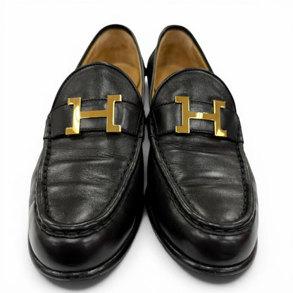 Hermes Constance Gold Logo Leather Loafers Black — view 4