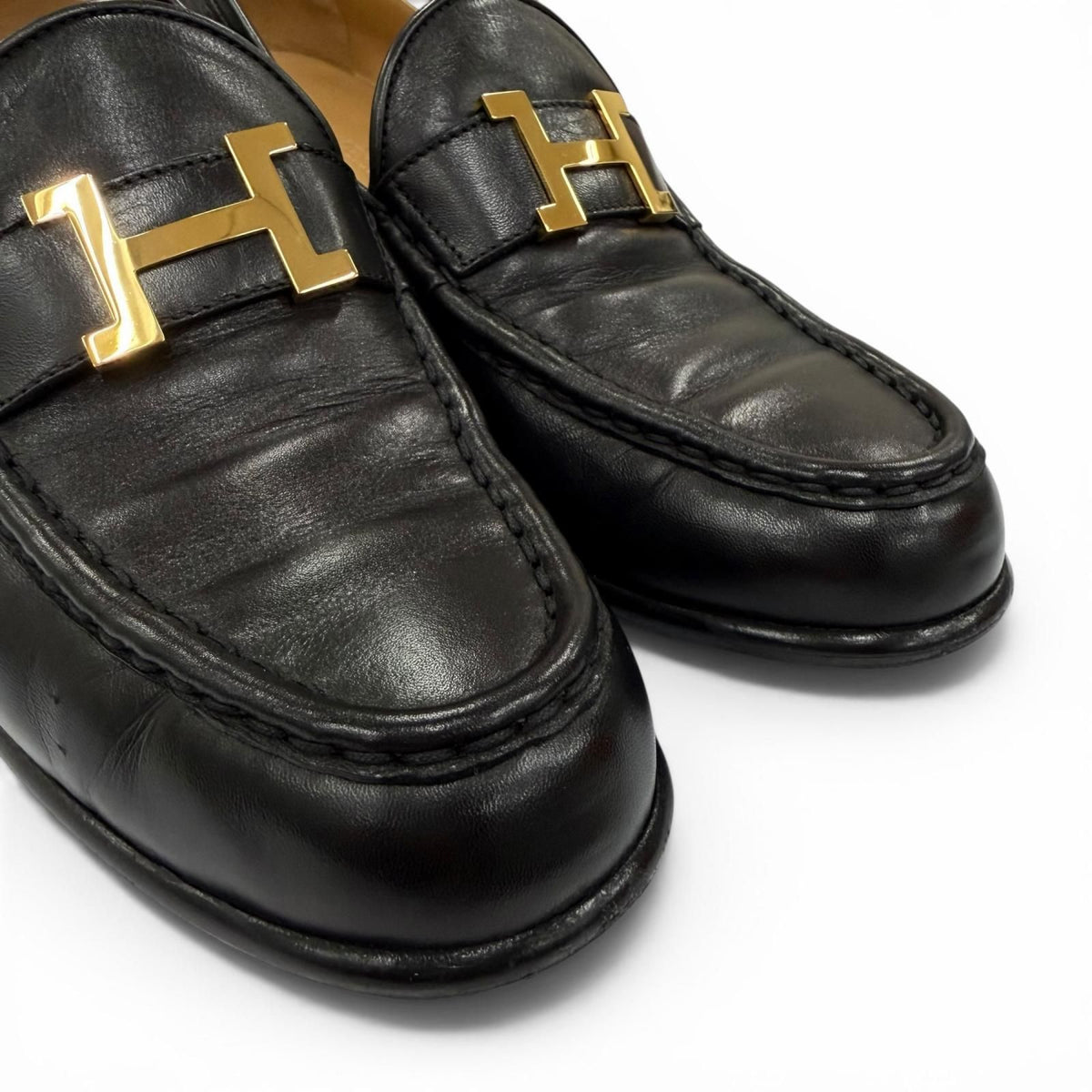 Hermes Constance Gold Logo Leather Loafers Black — view 8