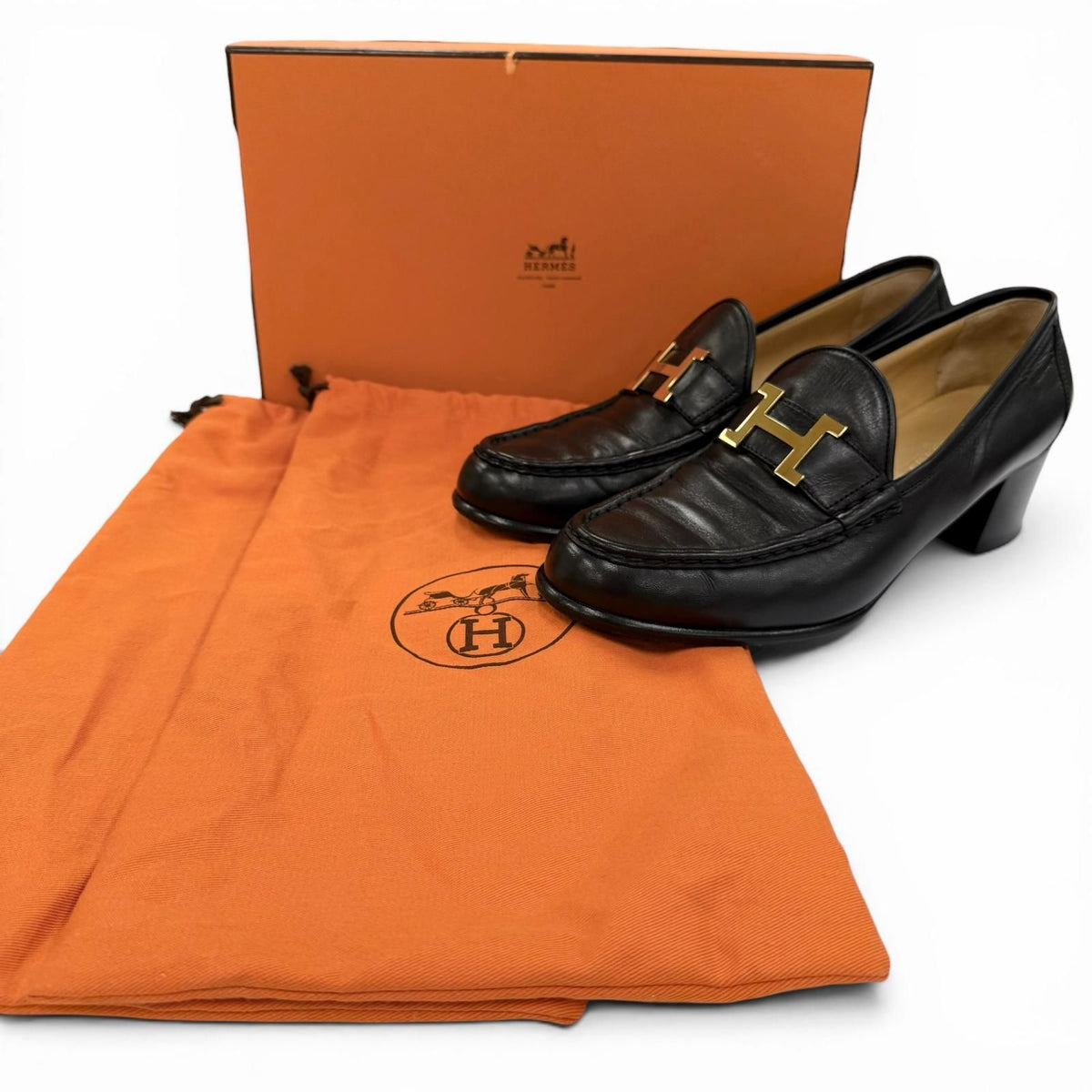 Hermes Constance Gold Logo Leather Loafers Black — view 2