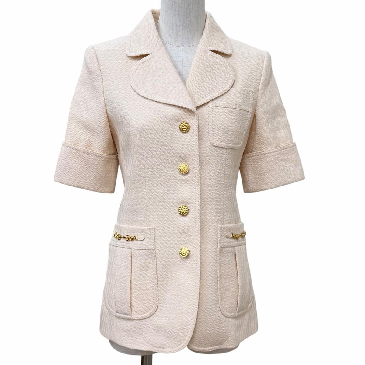 Gucci Wool Horsebit Leather All Over Print Short Sleeve Jacket Beige 38