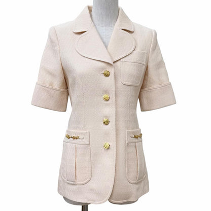 Gucci Wool Horsebit Leather All Over Print Short Sleeve Jacket Beige 38