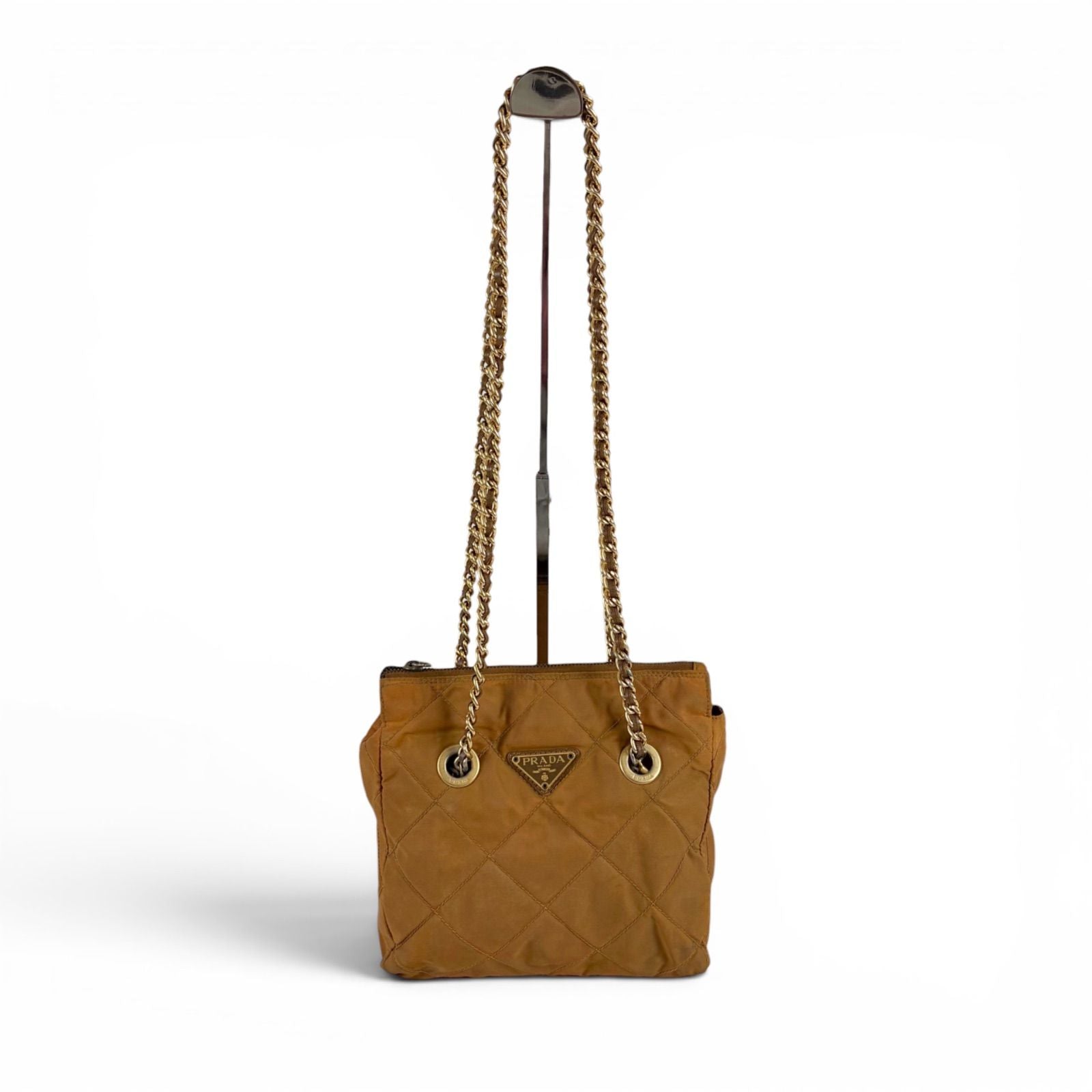 Prada Quilted Triangle Logo Chain Shoulder Bag Tessuto Nylon Brown — view 2