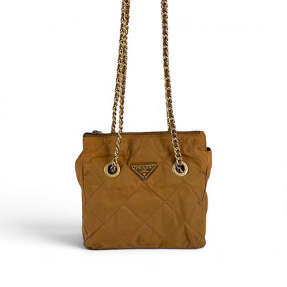 Prada Quilted Triangle Logo Chain Shoulder Bag Tessuto Nylon Brown