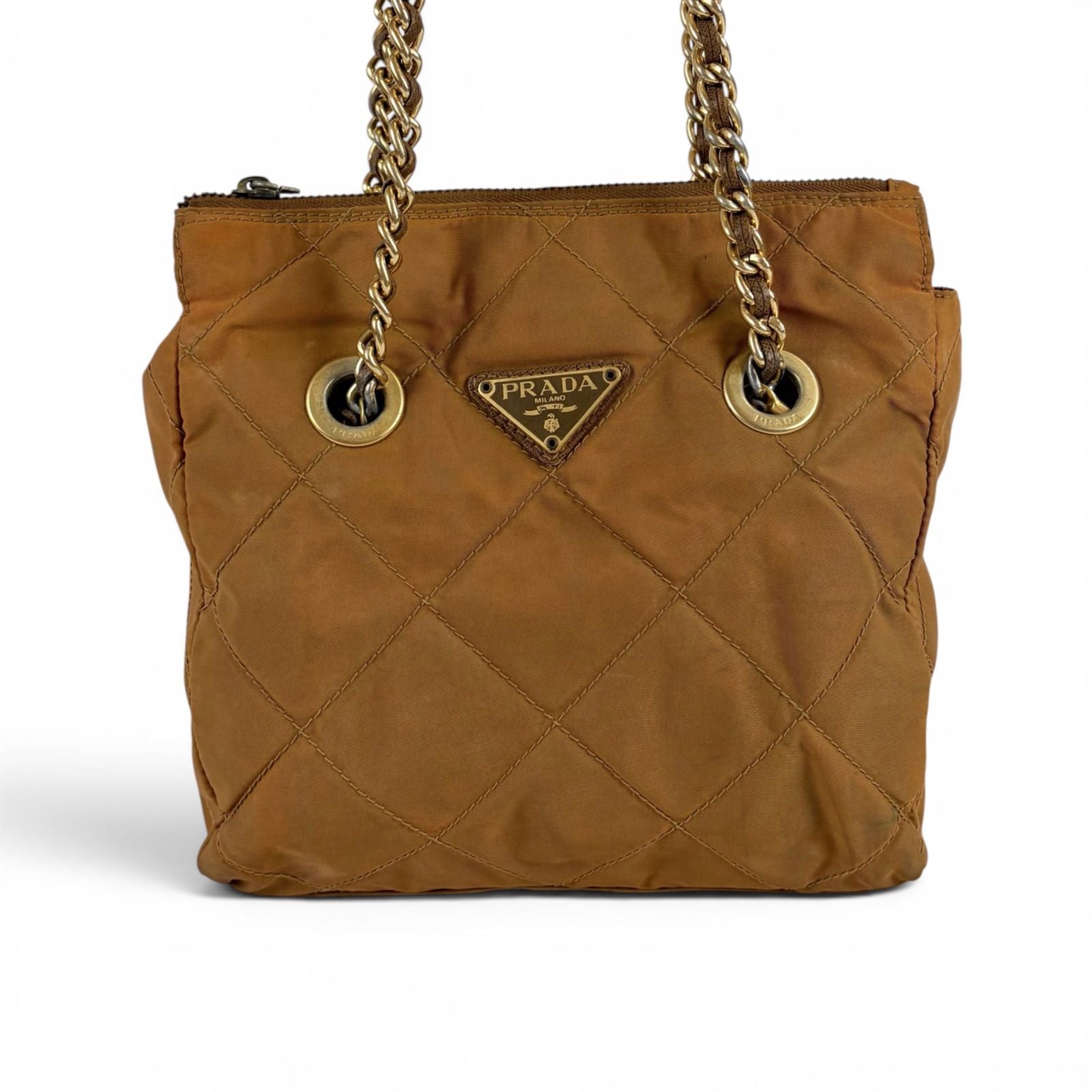 Prada Quilted Triangle Logo Chain Shoulder Bag Tessuto Nylon Brown — view 4