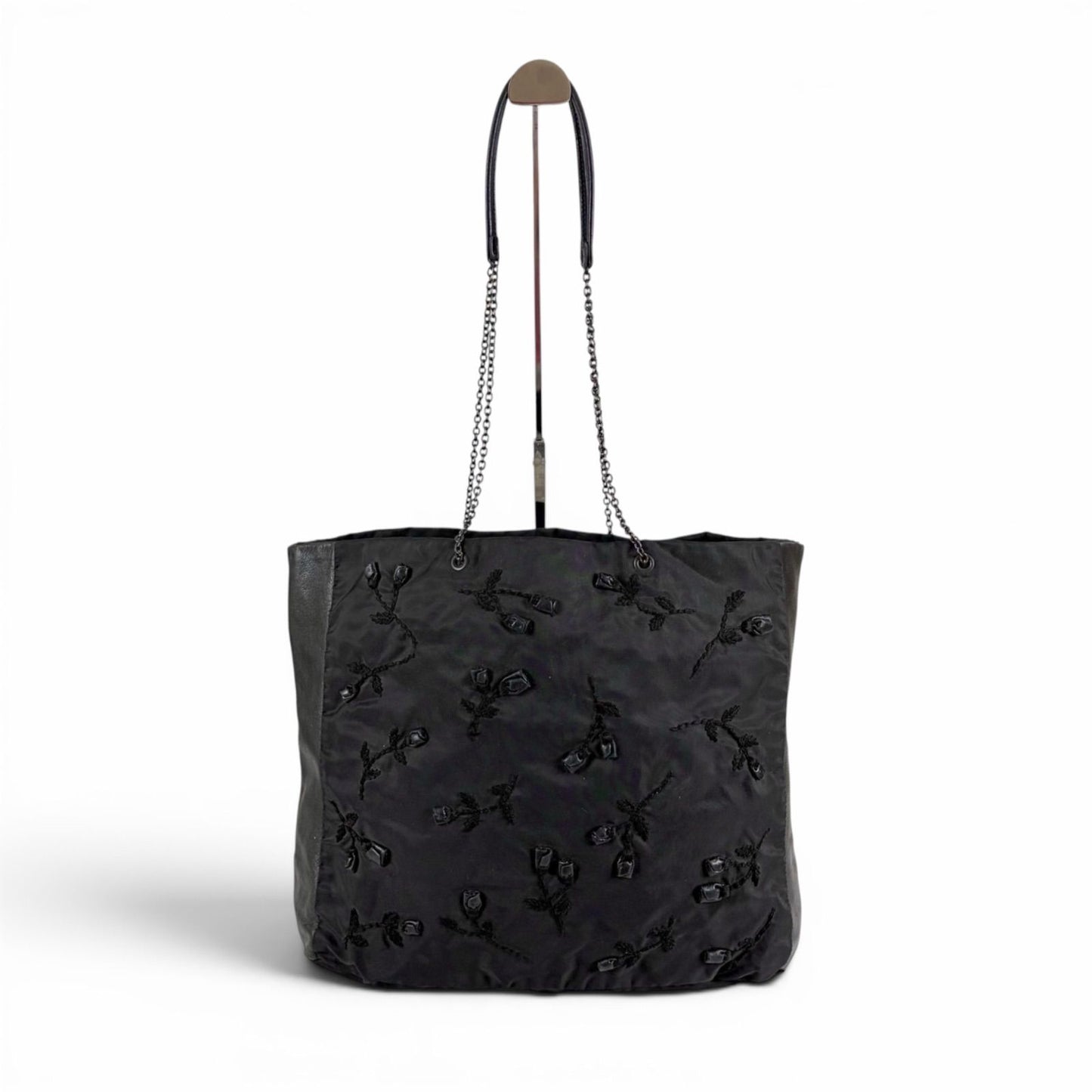 Prada Flower Motif Chain Tote Bag Tessuto Nylon Leather Black Rose