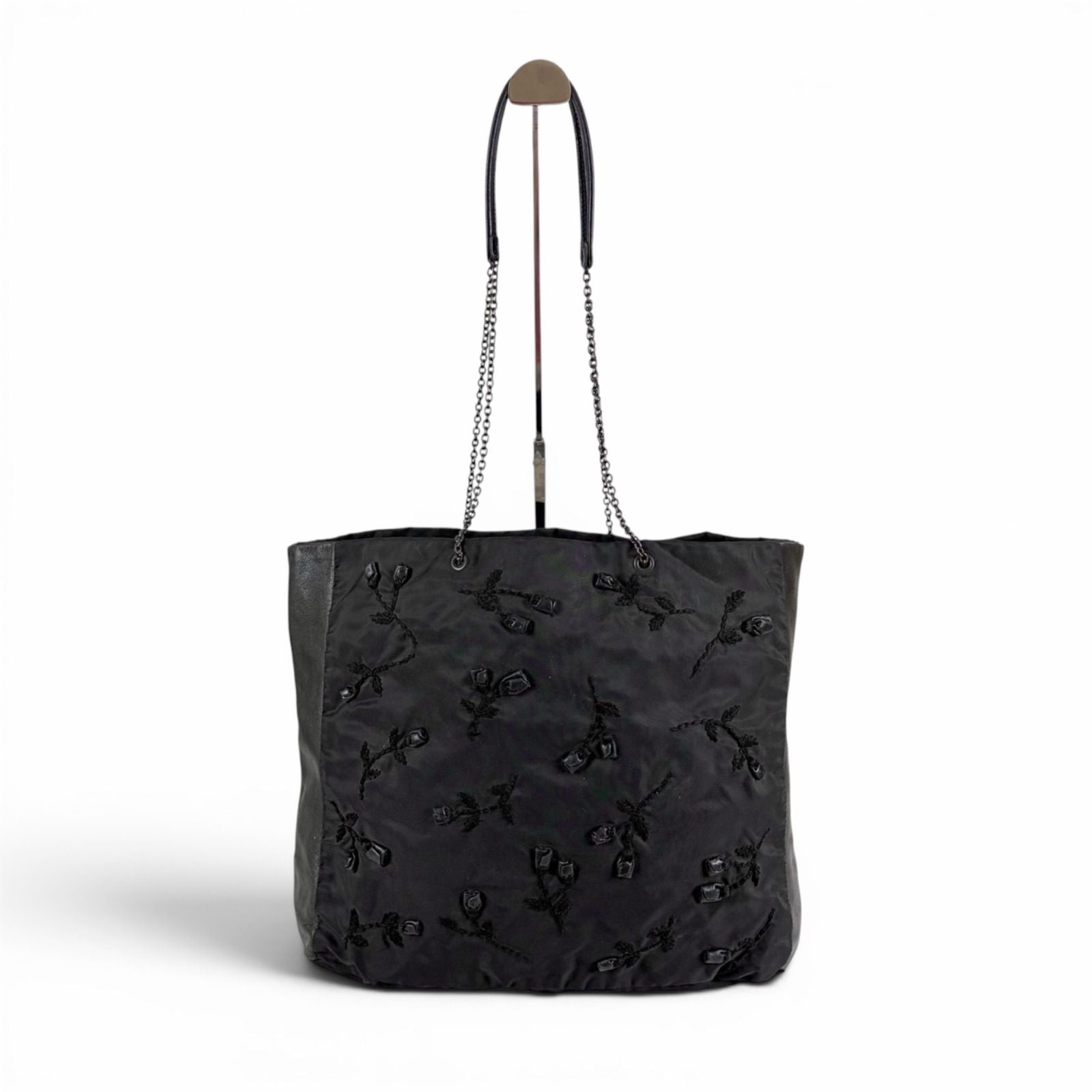 Prada Flower Motif Chain Tote Bag Tessuto Nylon Leather Black Rose