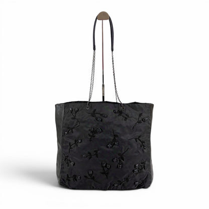 Prada Flower Motif Chain Tote Bag Tessuto Nylon Leather Black Rose