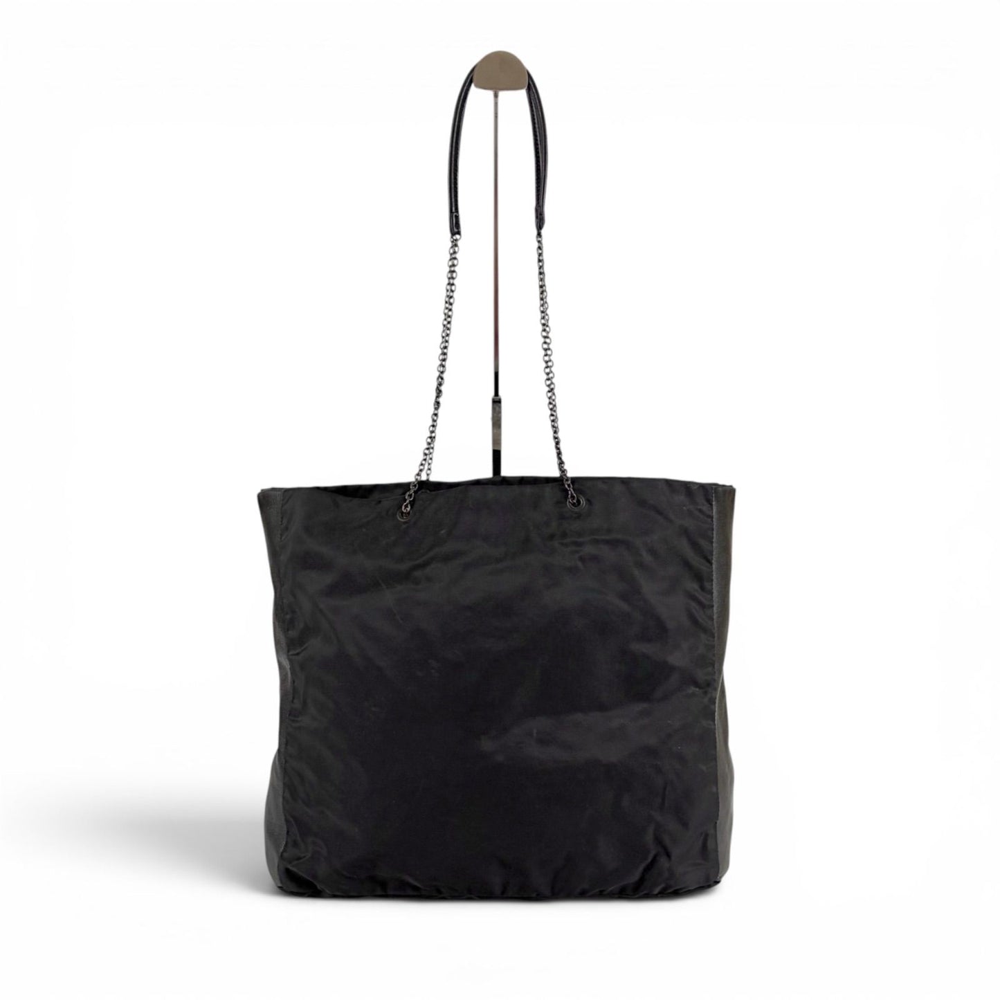 Prada Flower Motif Chain Tote Bag Tessuto Nylon Leather Black Rose — view 2