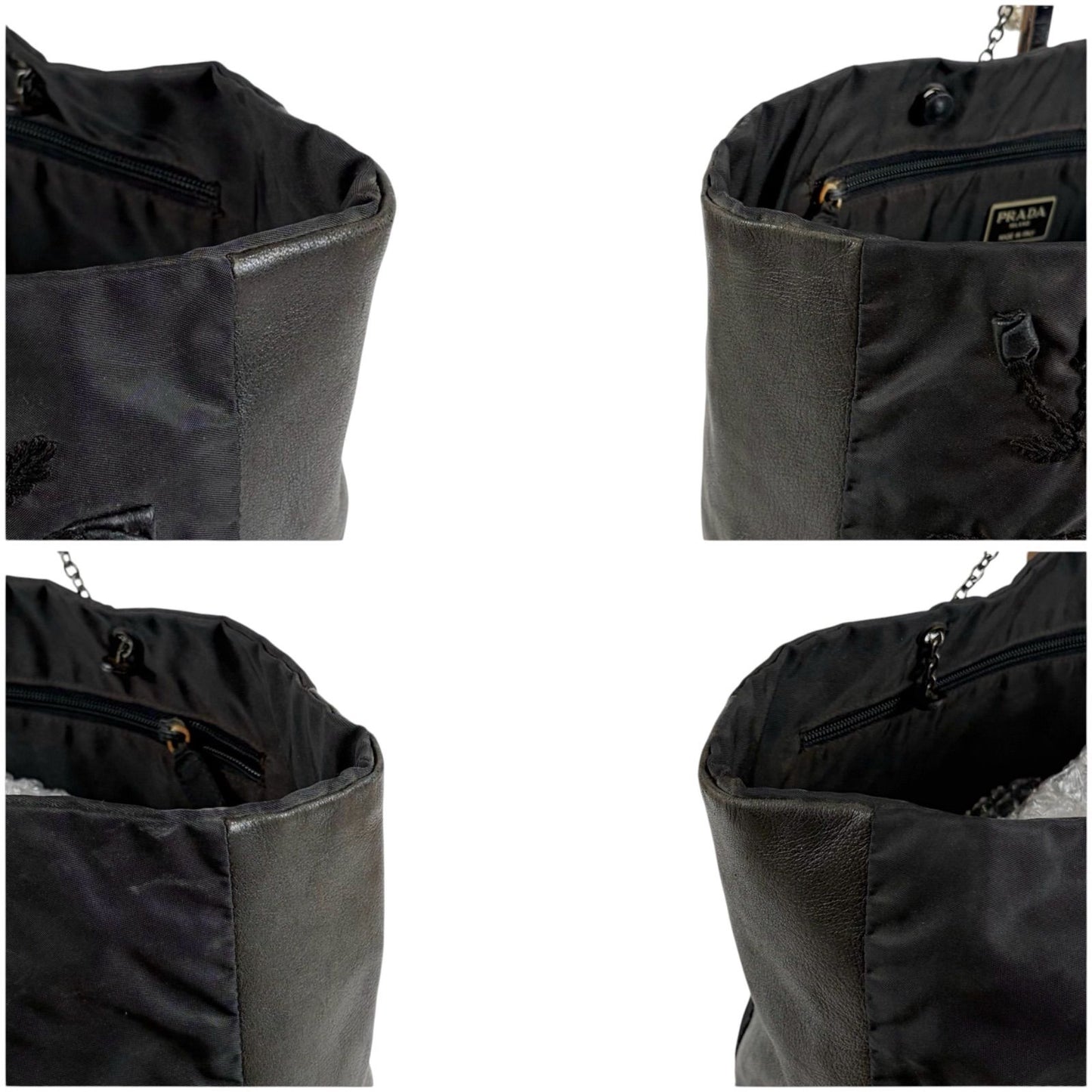 Prada Flower Motif Chain Tote Bag Tessuto Nylon Leather Black Rose — view 4
