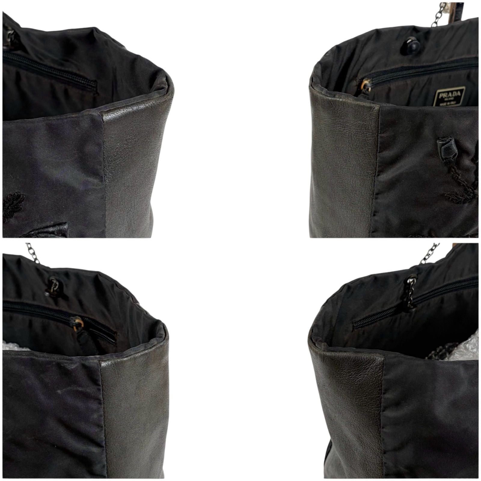 Prada Flower Motif Chain Tote Bag Tessuto Nylon Leather Black Rose — view 4
