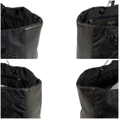 Prada Flower Motif Chain Tote Bag Tessuto Nylon Leather Black Rose — view 4