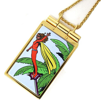 Hermes On The Beach Mirror Compact Pendant With Necklace Gold Multicolor
