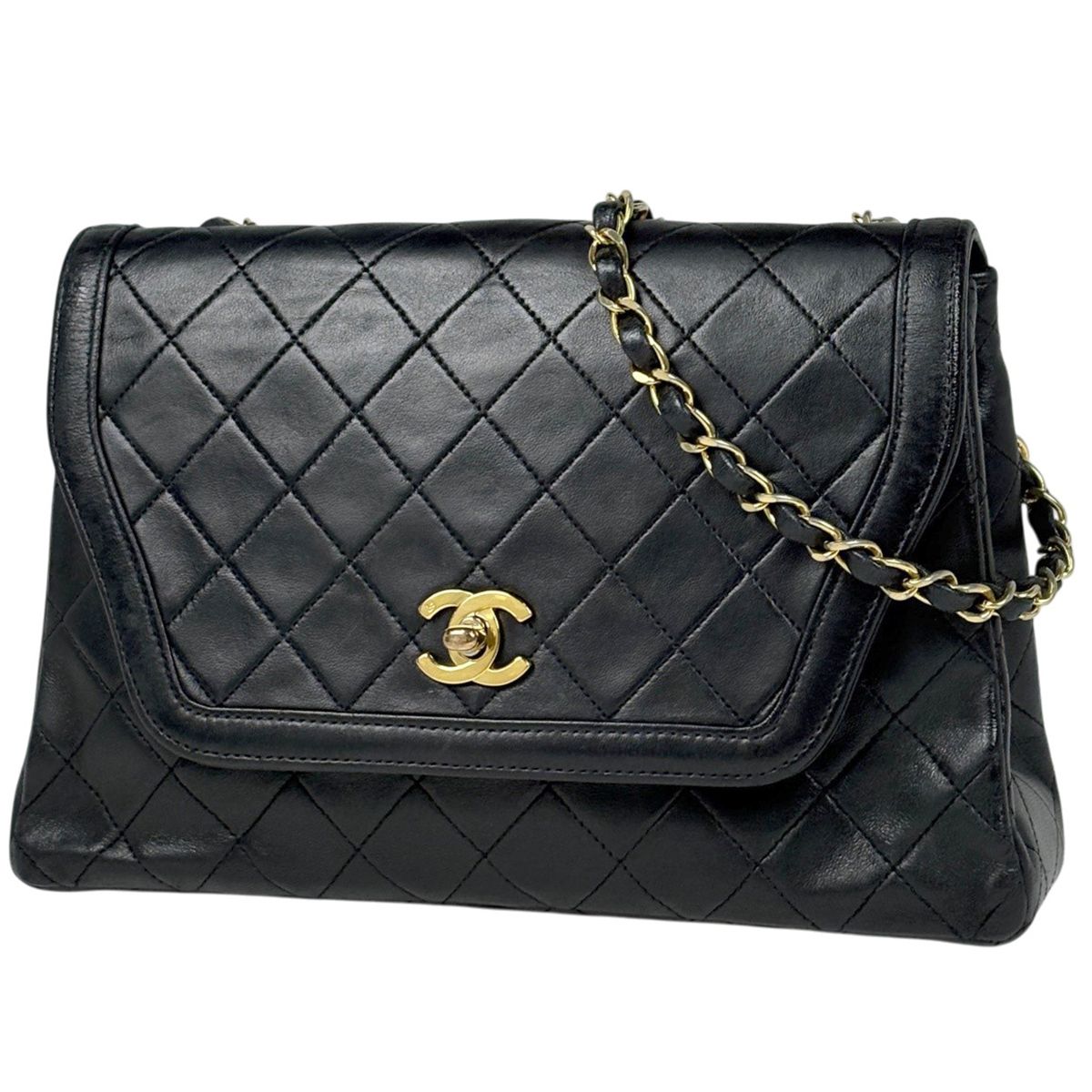 Chanel CC Logo Chain Shoulder Bag Quilted Leather Black