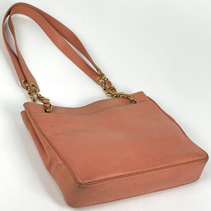 Chanel CC Logo Chain Tote Shoulder Bag Caviar Leather Salmon Pink — view 2