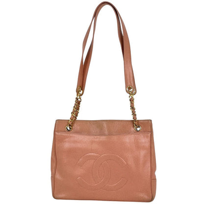 Chanel CC Logo Chain Tote Shoulder Bag Caviar Leather Salmon Pink