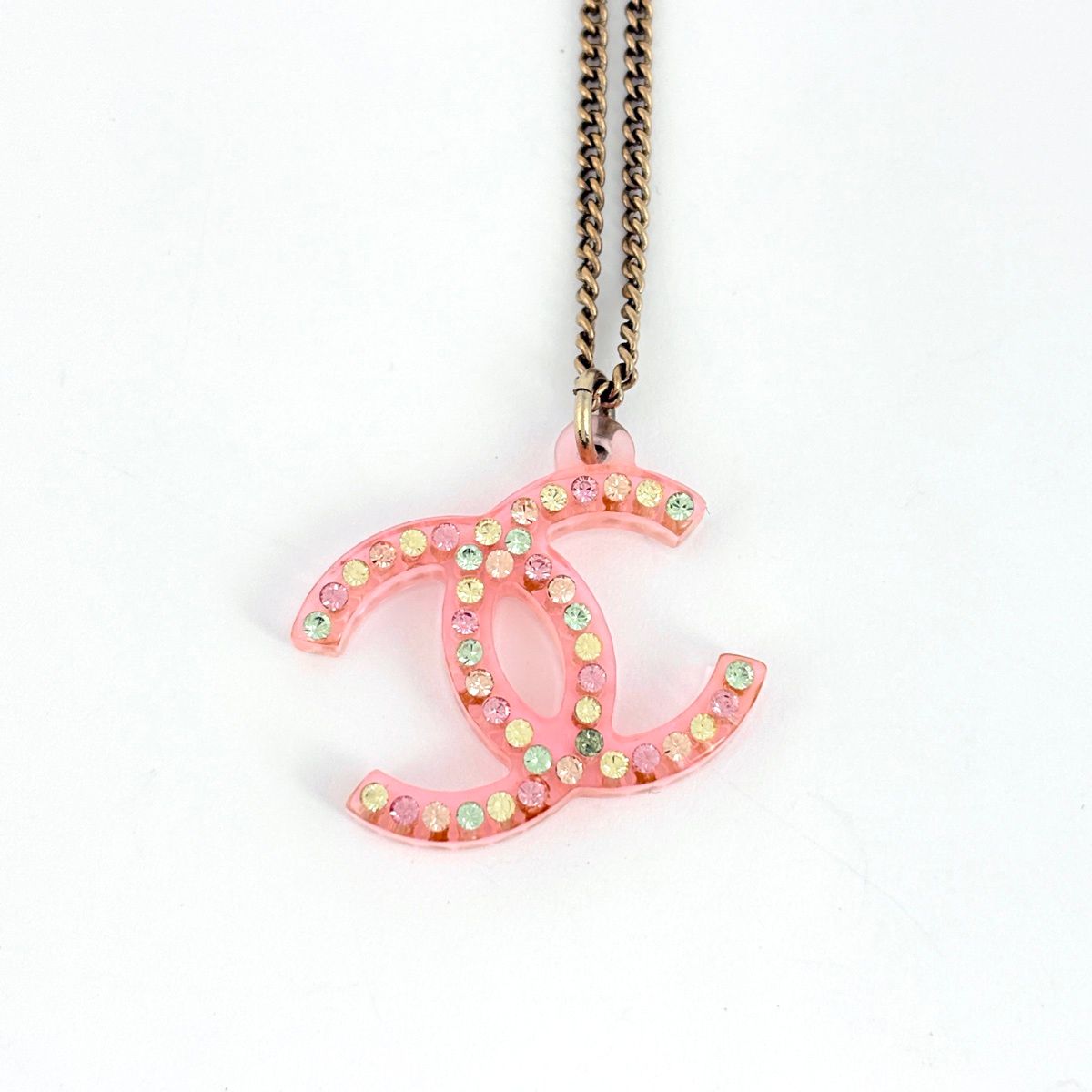 Chanel CC Logo Rhinestone Necklace Plastic Pink Gold — view 2