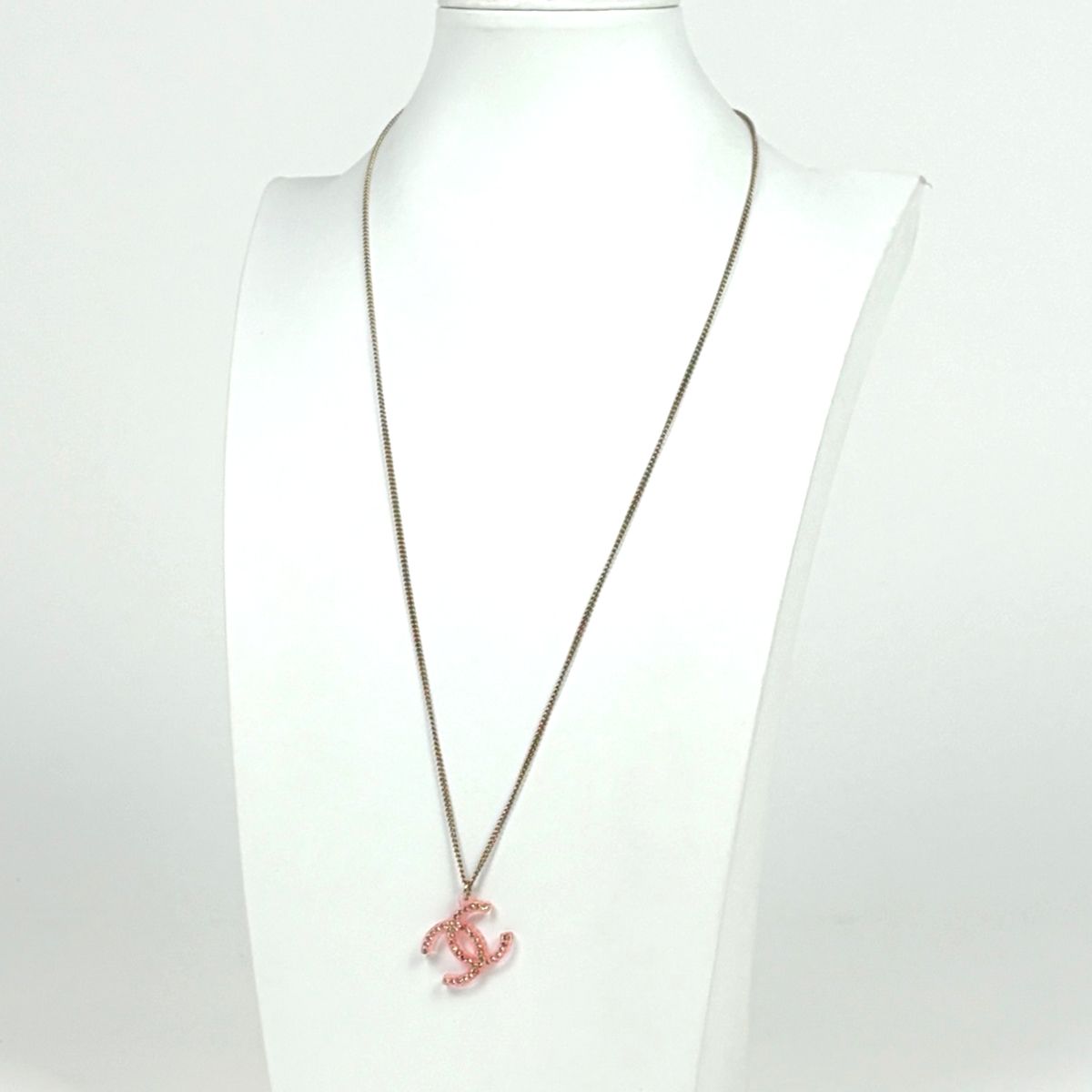 Chanel CC Logo Rhinestone Necklace Plastic Pink Gold — view 5