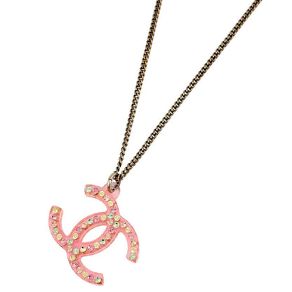 Chanel CC Logo Rhinestone Necklace Plastic Pink Gold