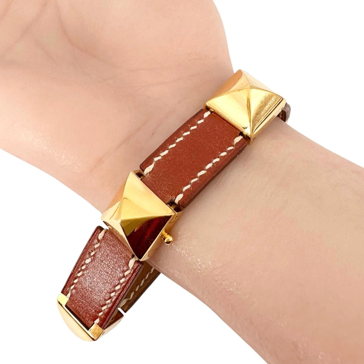 Hermes Leather Metal Brown Bracelet Gold — view 5