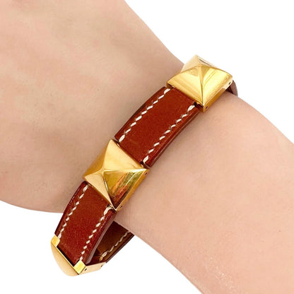 Hermes Leather Metal Brown Bracelet Gold — view 3