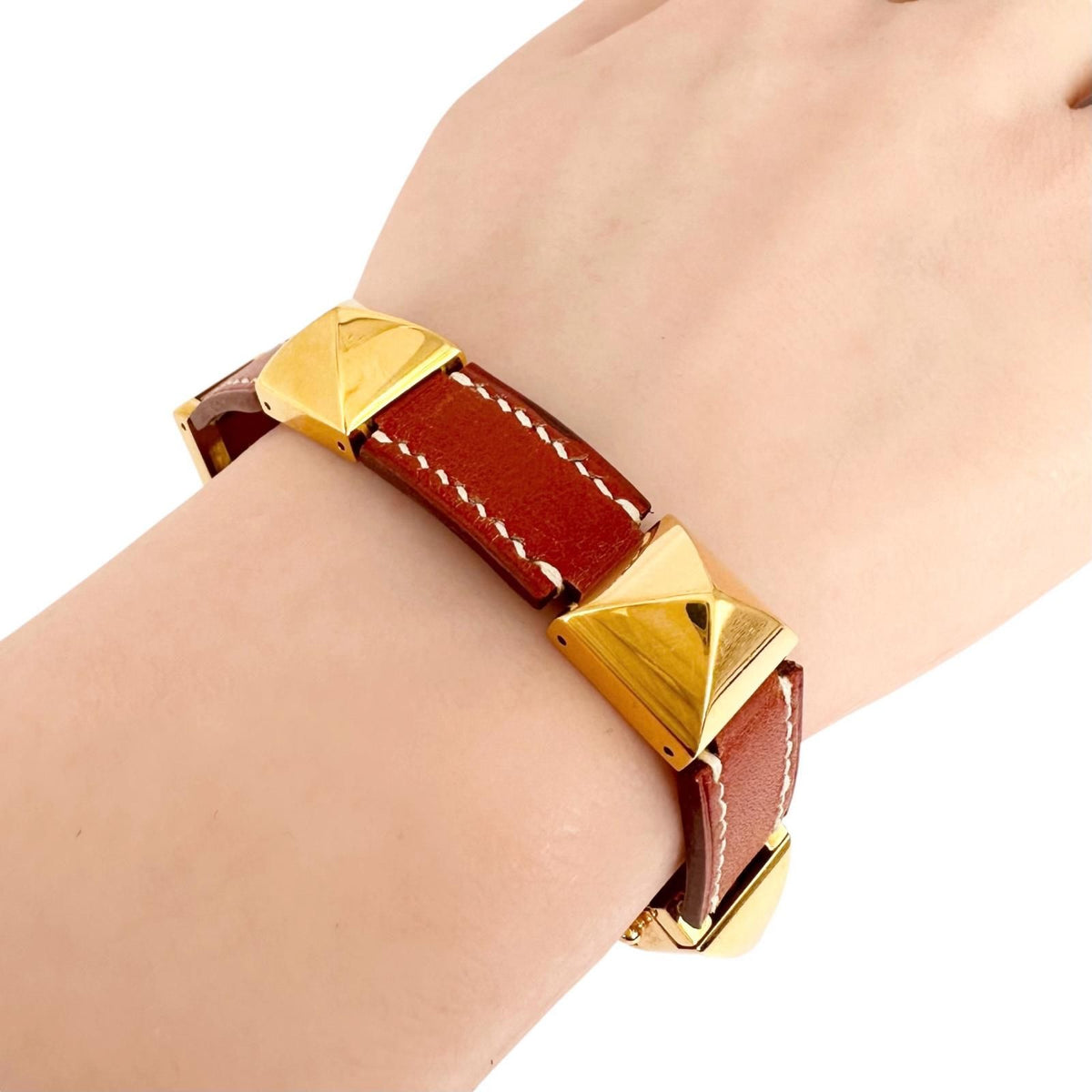 Hermes Leather Metal Brown Bracelet Gold — view 4