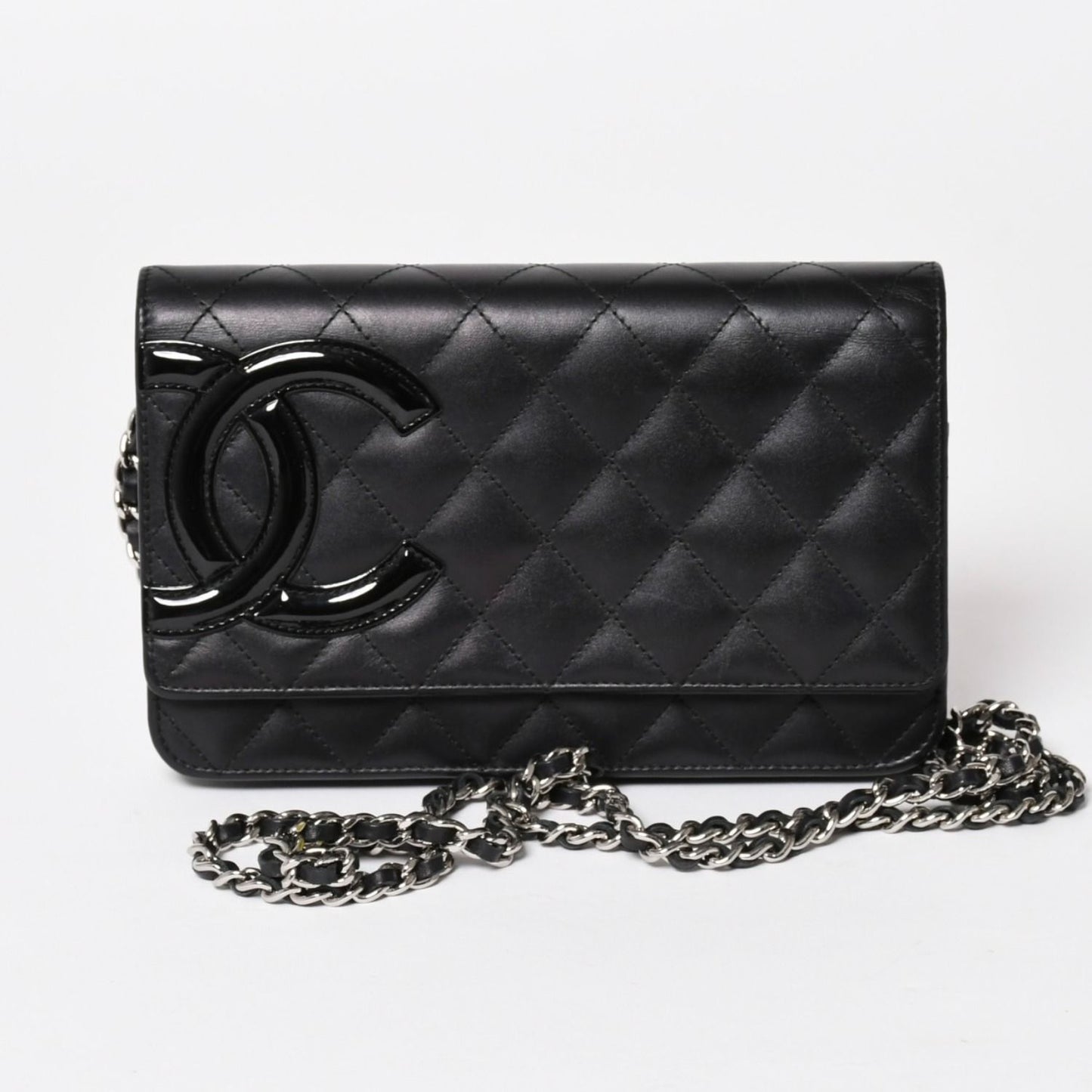 Chanel Cambon Line Chain Wallet Quilted Lambskin CC Logo Patent Black Pink