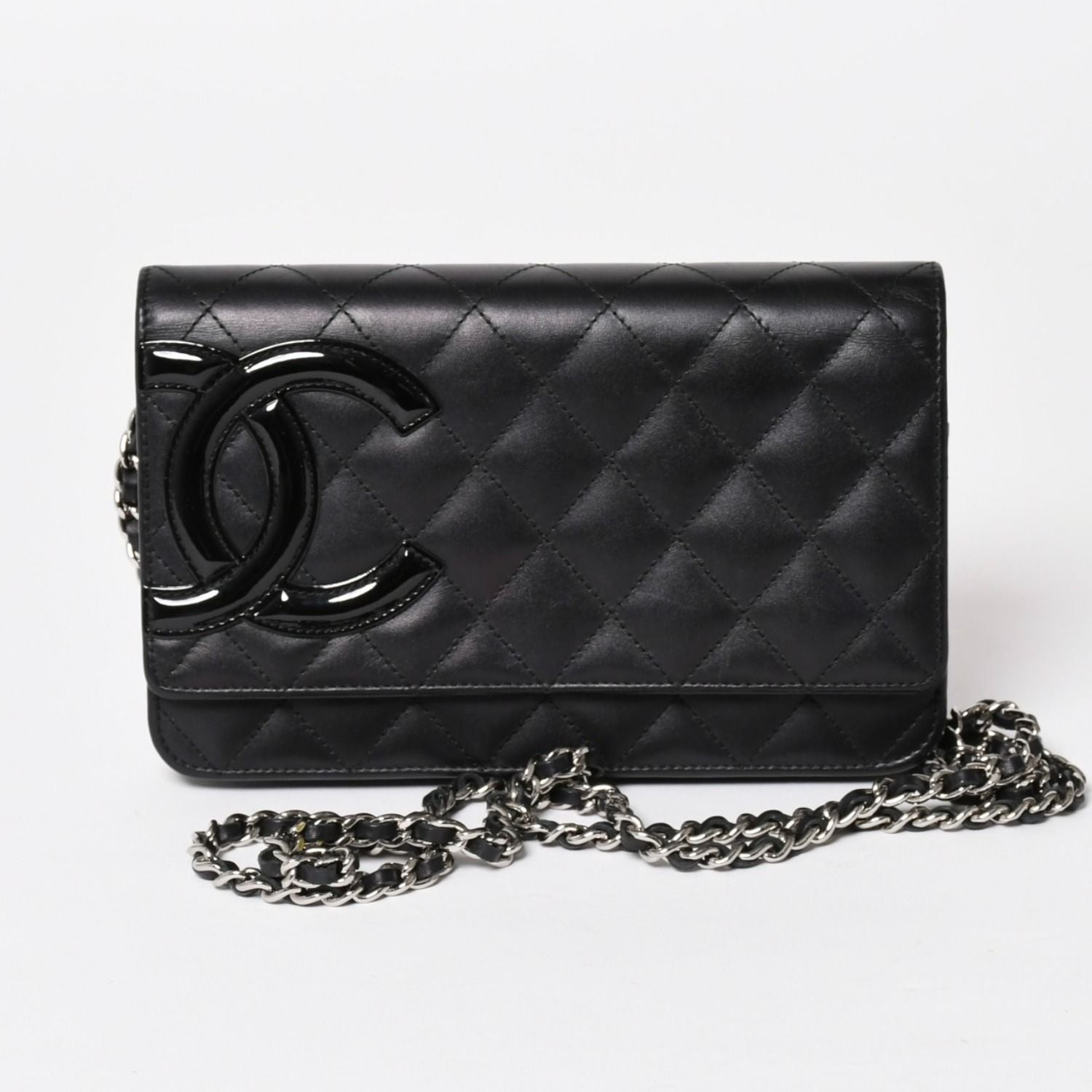 Chanel Cambon Line Chain Wallet Quilted Lambskin CC Logo Patent Black Pink