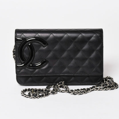 Chanel Cambon Line Chain Wallet Quilted Lambskin CC Logo Patent Black Pink