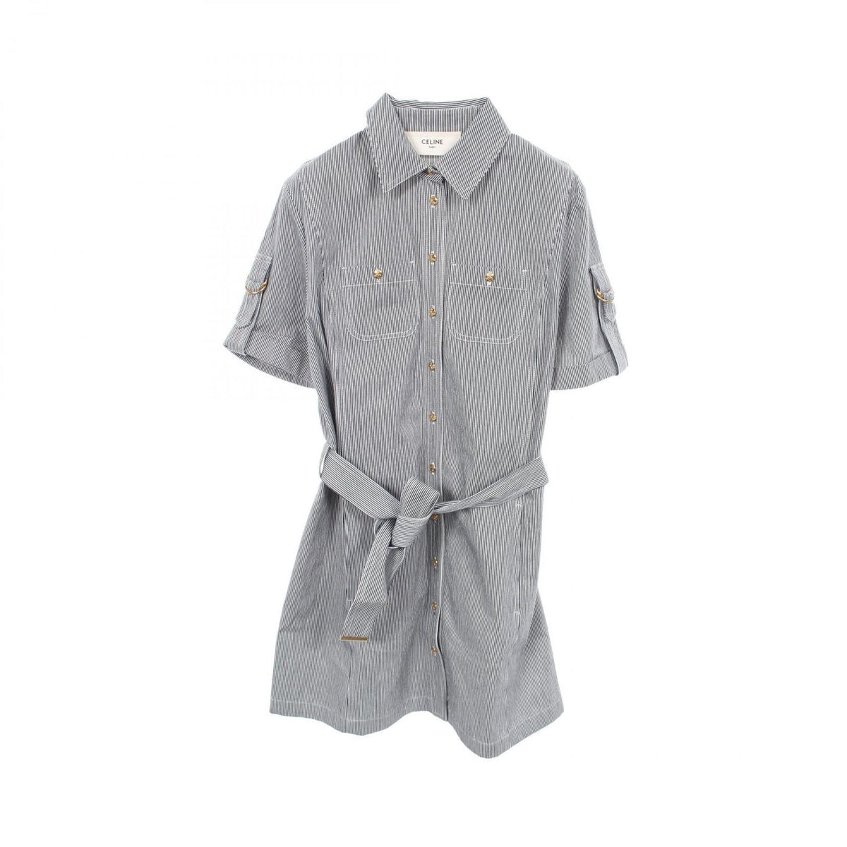 Celine Dress Triomphe Button Stripe Denim Cotton