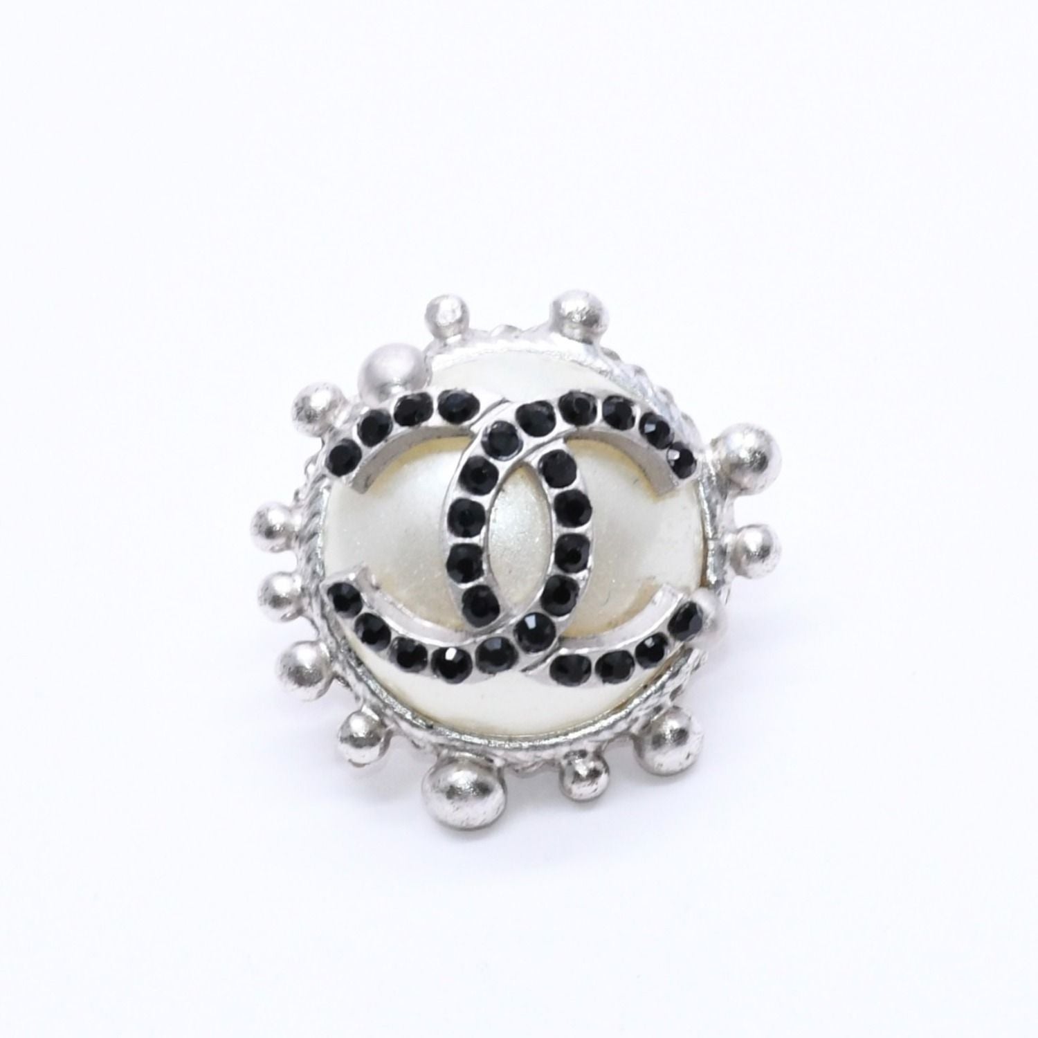 Chanel Earrings CC Logo Rhinestone Pearl 02 Silver