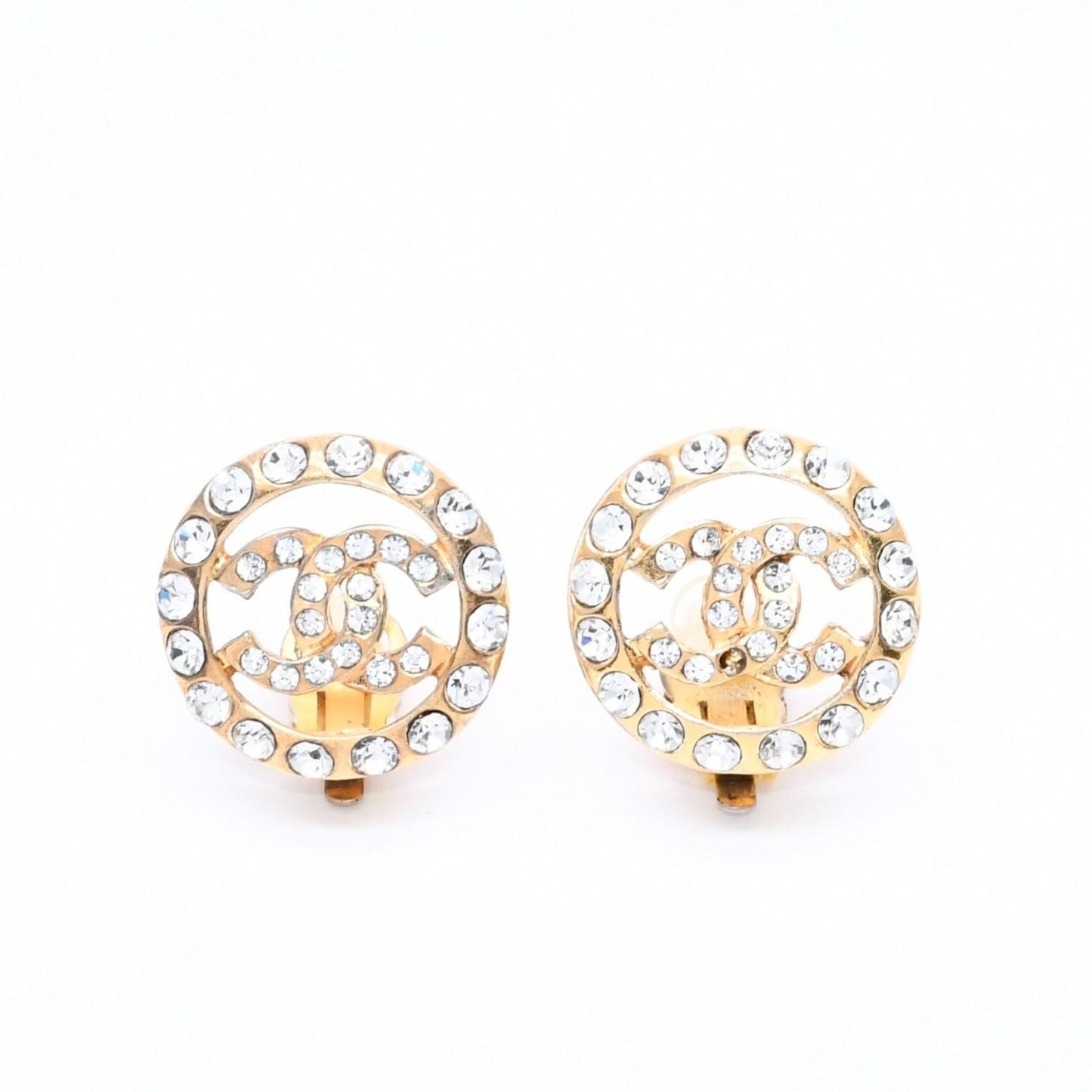 Chanel CC Logo Earrings Metal Rhinestone Gold Clear