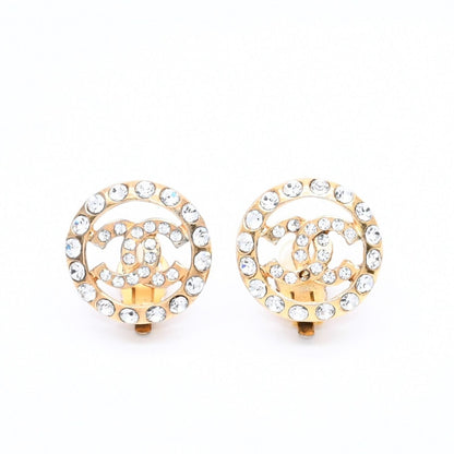 Chanel CC Logo Earrings Metal Rhinestone Gold Clear
