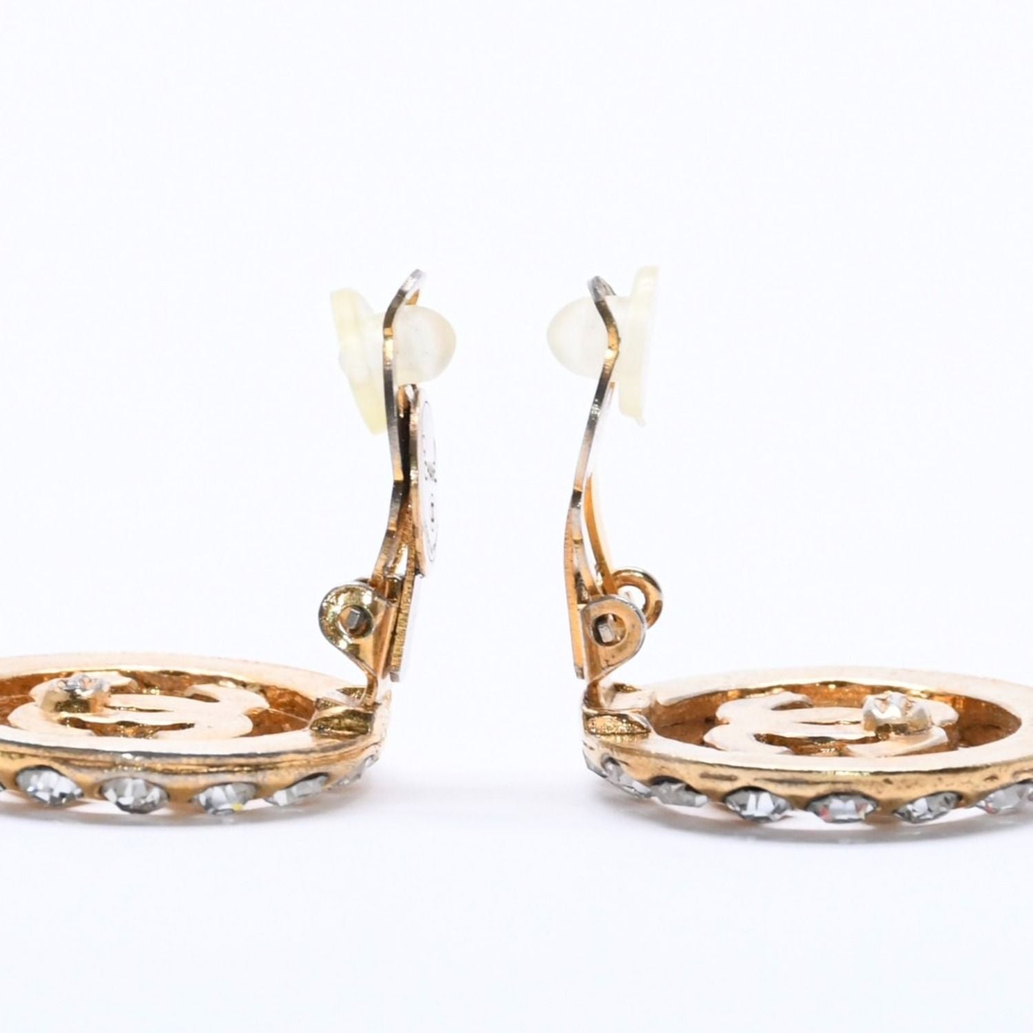 Chanel CC Logo Earrings Metal Rhinestone Gold Clear — view 7