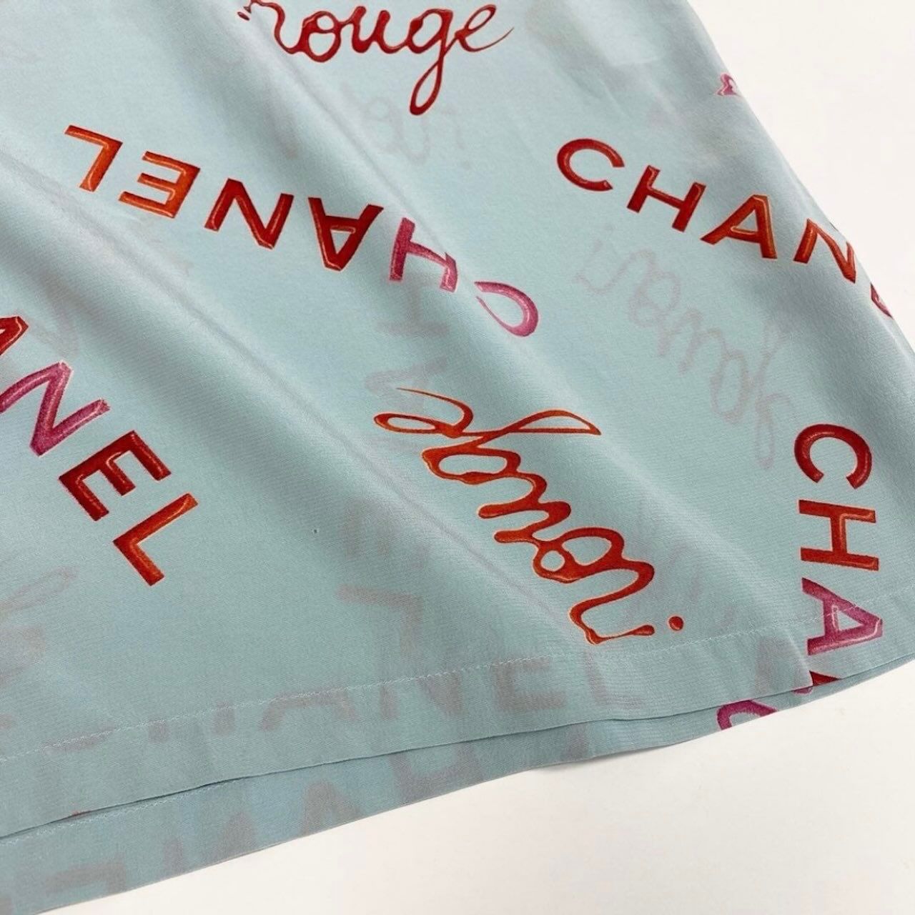 Chanel Vintage Logo Print Blue Silk Short Sleeve T-Shirt — view 7
