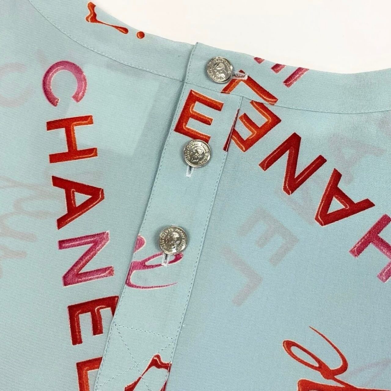 Chanel Vintage Logo Print Blue Silk Short Sleeve T-Shirt — view 5