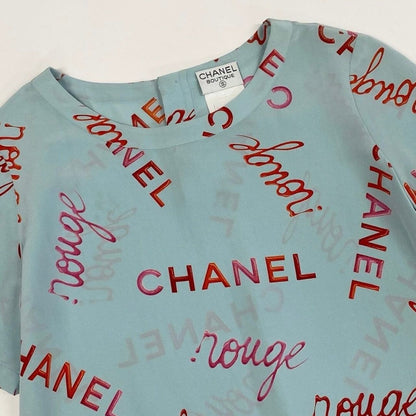 Chanel Vintage Logo Print Blue Silk Short Sleeve T-Shirt — view 4