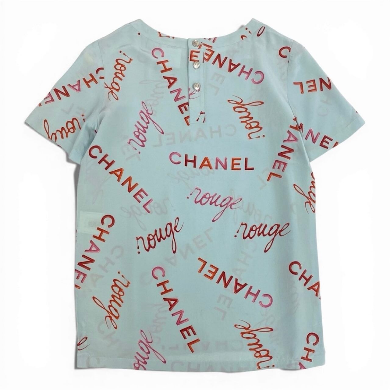 Chanel Vintage Logo Print Blue Silk Short Sleeve T-Shirt — view 3