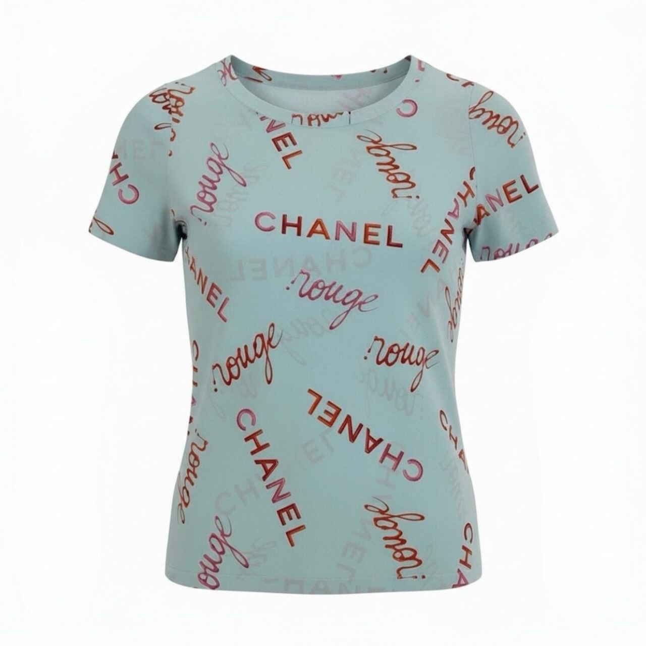 Chanel Vintage Logo Print Blue Silk Short Sleeve T-Shirt