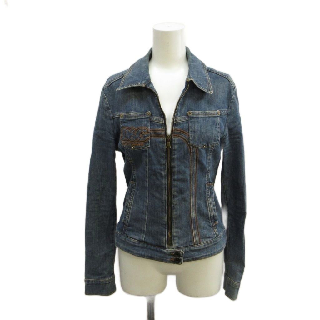Dolce & Gabbana D&G Denim Jacket Top S Blue Logo Embroidery Zip Up Long Sleeve