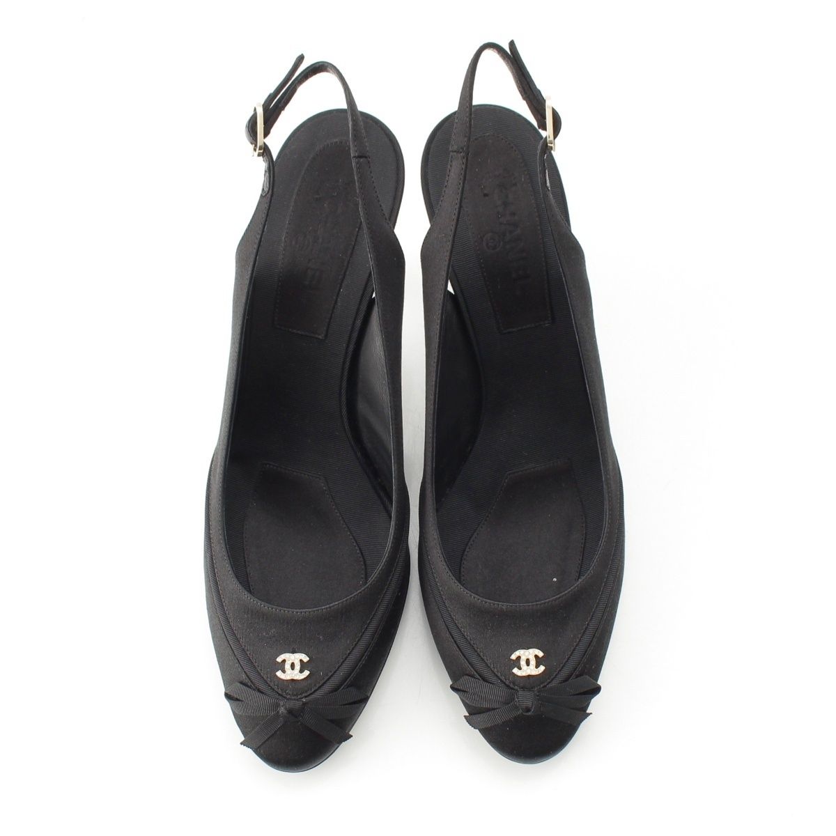 Chanel Satin Slingback CC Logo Rhinestone Mules Black 37C — view 2