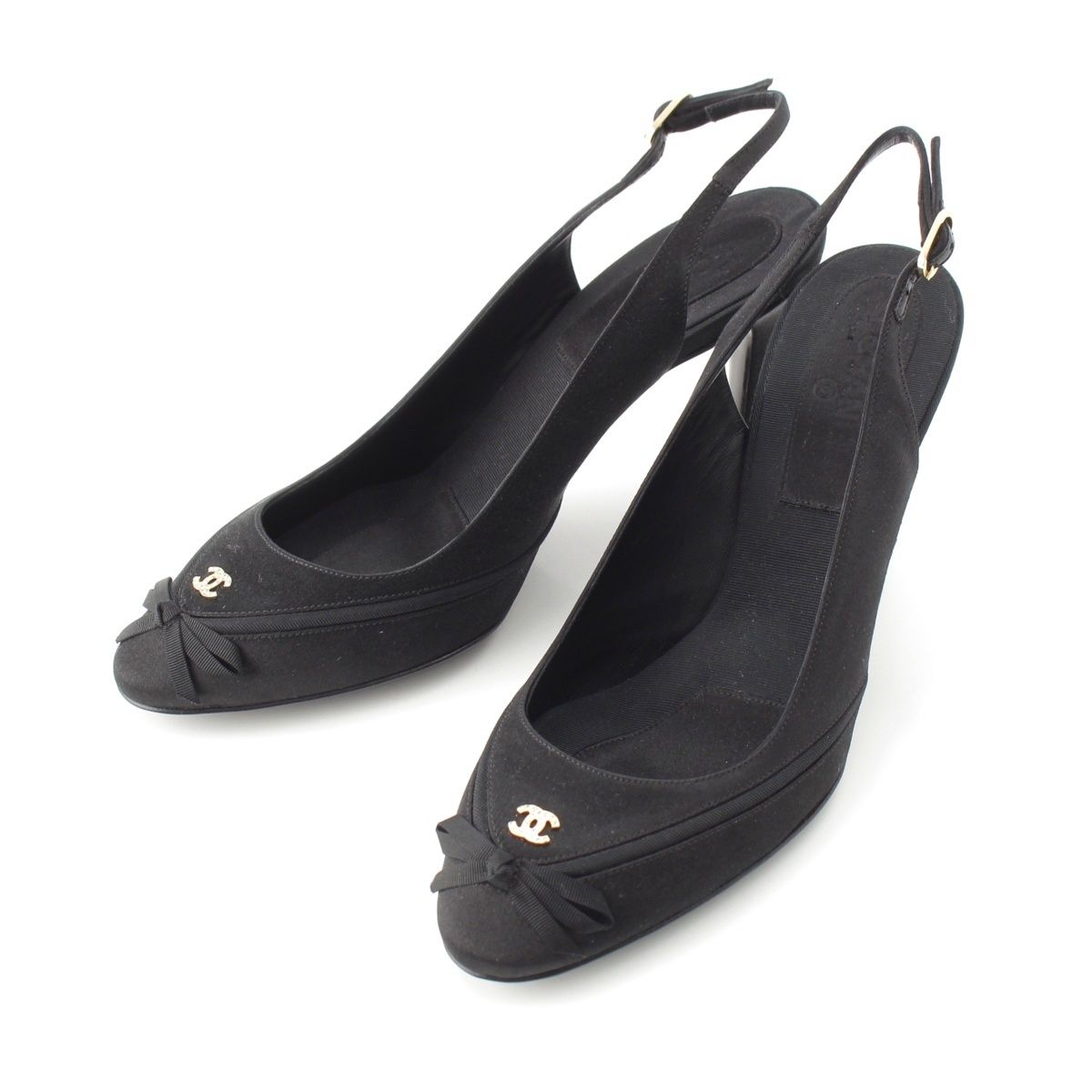 Chanel Satin Slingback CC Logo Rhinestone Mules Black 37C