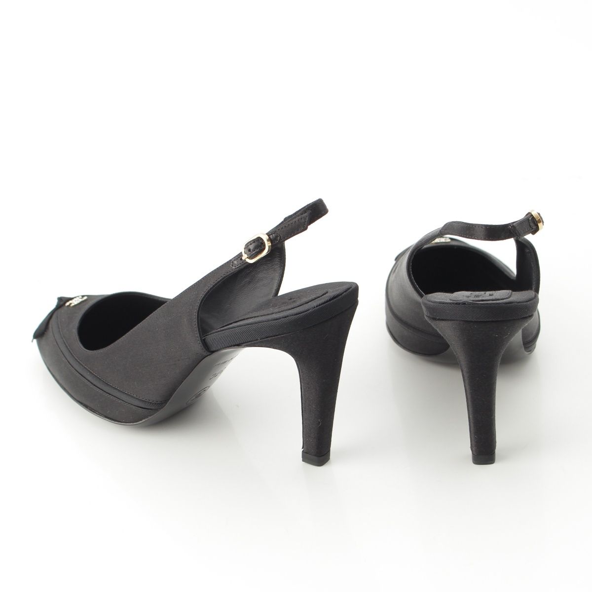 Chanel Satin Slingback CC Logo Rhinestone Mules Black 37C — view 4