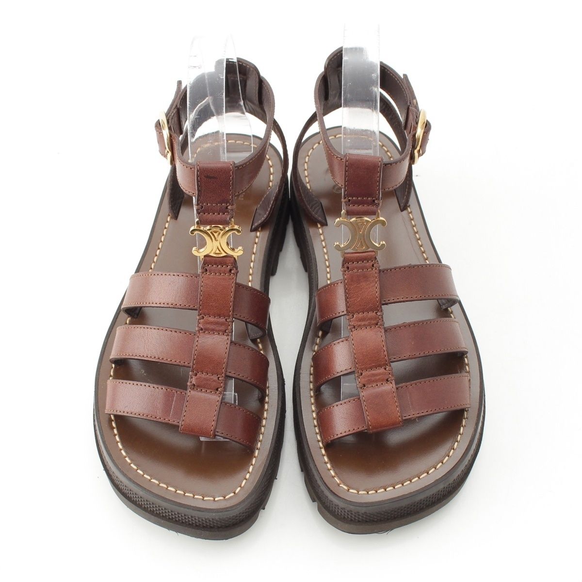 Celine Triomphe Leather Clair Gladiator Sandals Dark Brown — view 2