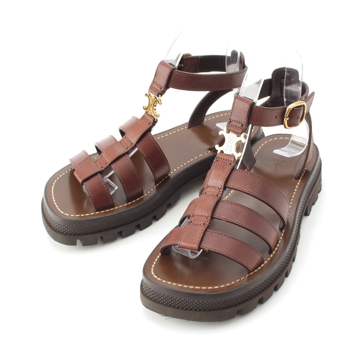 Celine Triomphe Leather Clair Gladiator Sandals Dark Brown