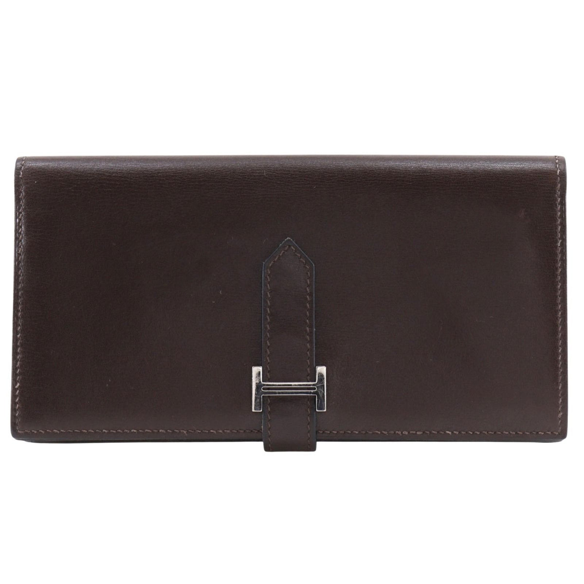Hermes Bearn Soufflet Box Calf Brown Silver Wallet