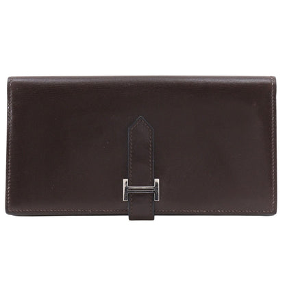 Hermes Bearn Soufflet Box Calf Brown Silver Wallet