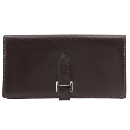 Hermes Bearn Soufflet Box Calf Brown Silver Wallet