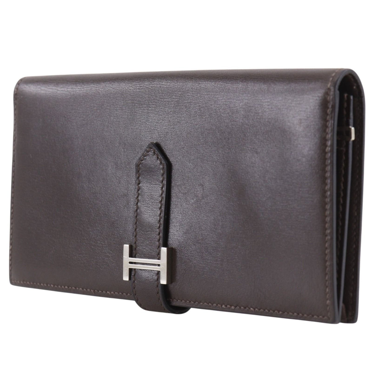 Hermes Bearn Soufflet Box Calf Brown Silver Wallet — view 2